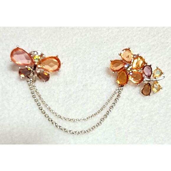 Avon 2005 Fluttering Butterfly Lapel Double Pin Chain Glass Peach Amethyst - Picture 2 of 4